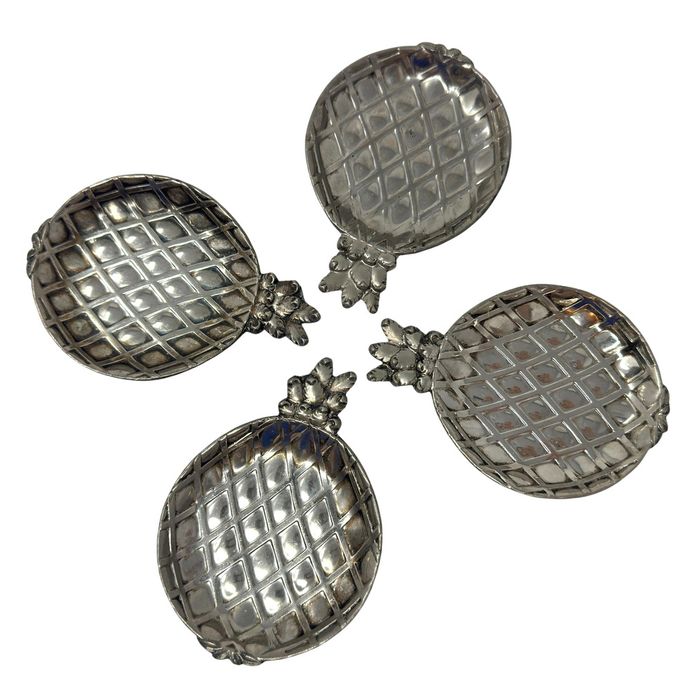 Set of 4 Pineapple Trinket Dishes Silver Metal Serving Candy Bowls Trays *Read